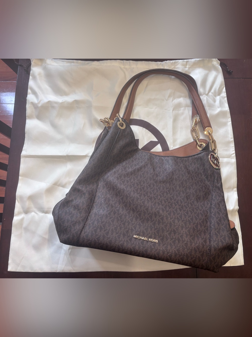 Michael Kors Brown MK Logo Shoulder Bag with Gold Accents